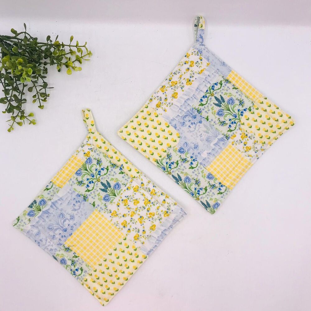 2 Square Potholders, Yellow Blue Patchwork Cottage Core Kitchen 7x7 Inches